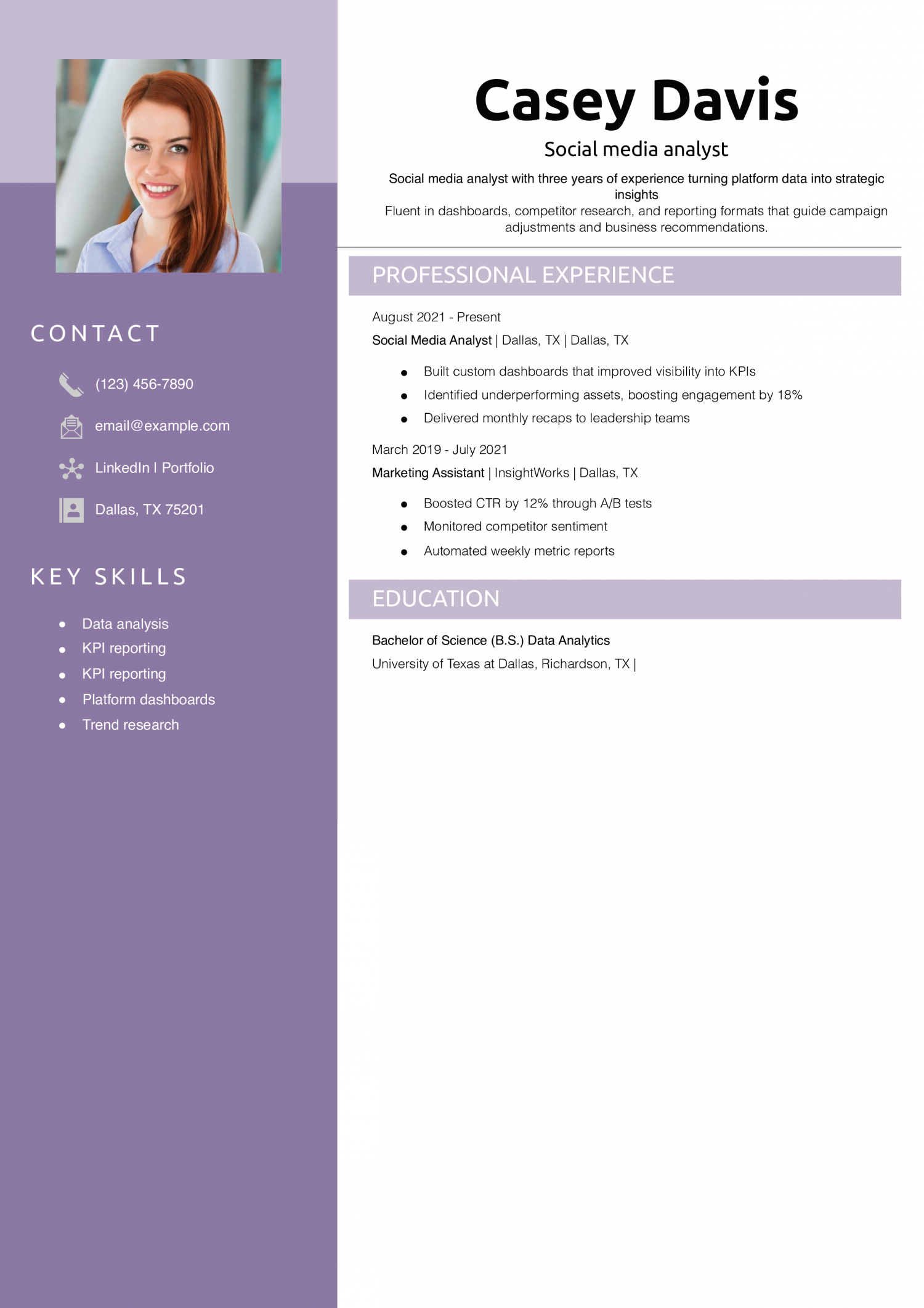 Social media analyst resume example