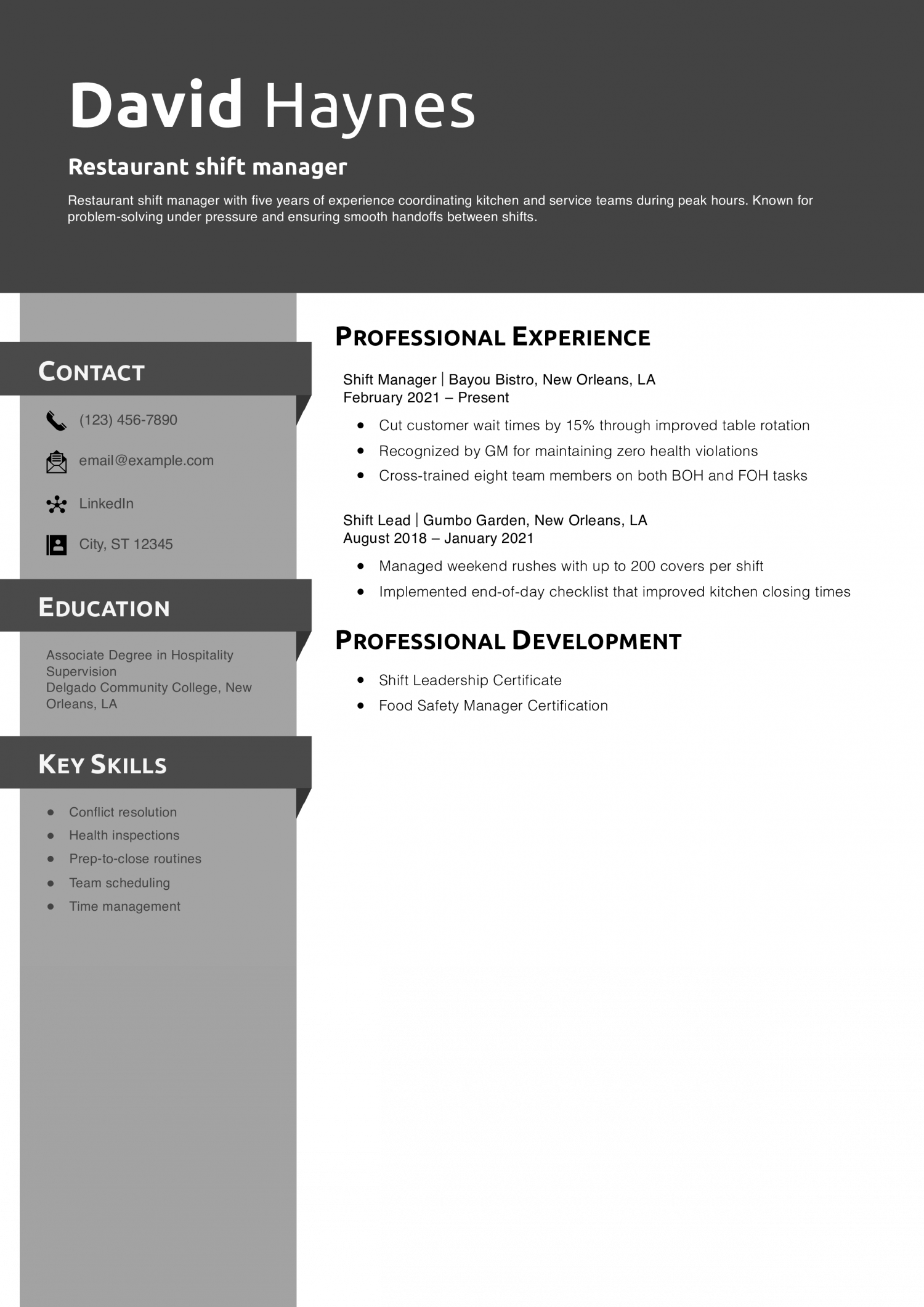 Restaurant shift manager resume example