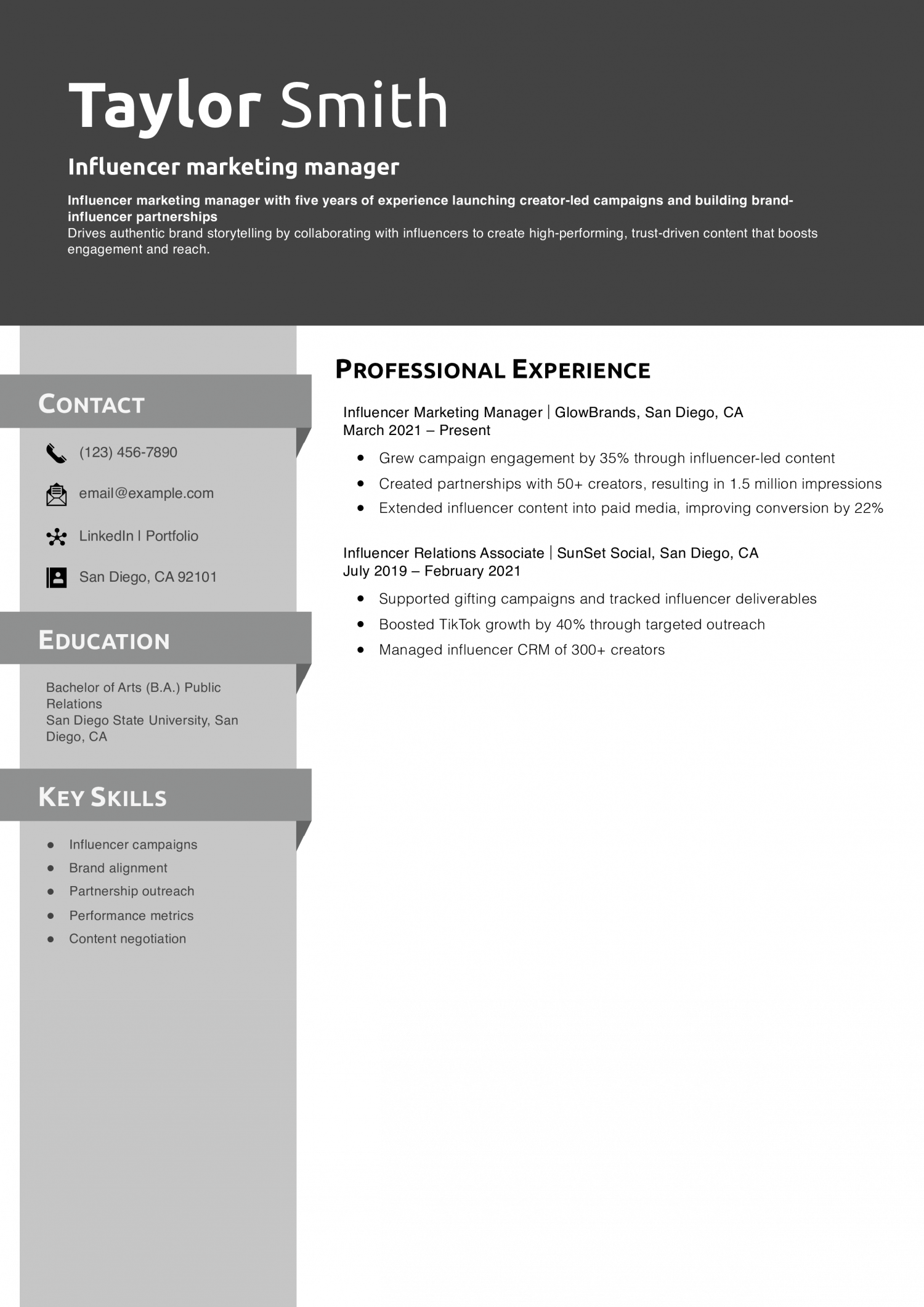 Influencer marketing manager resume example