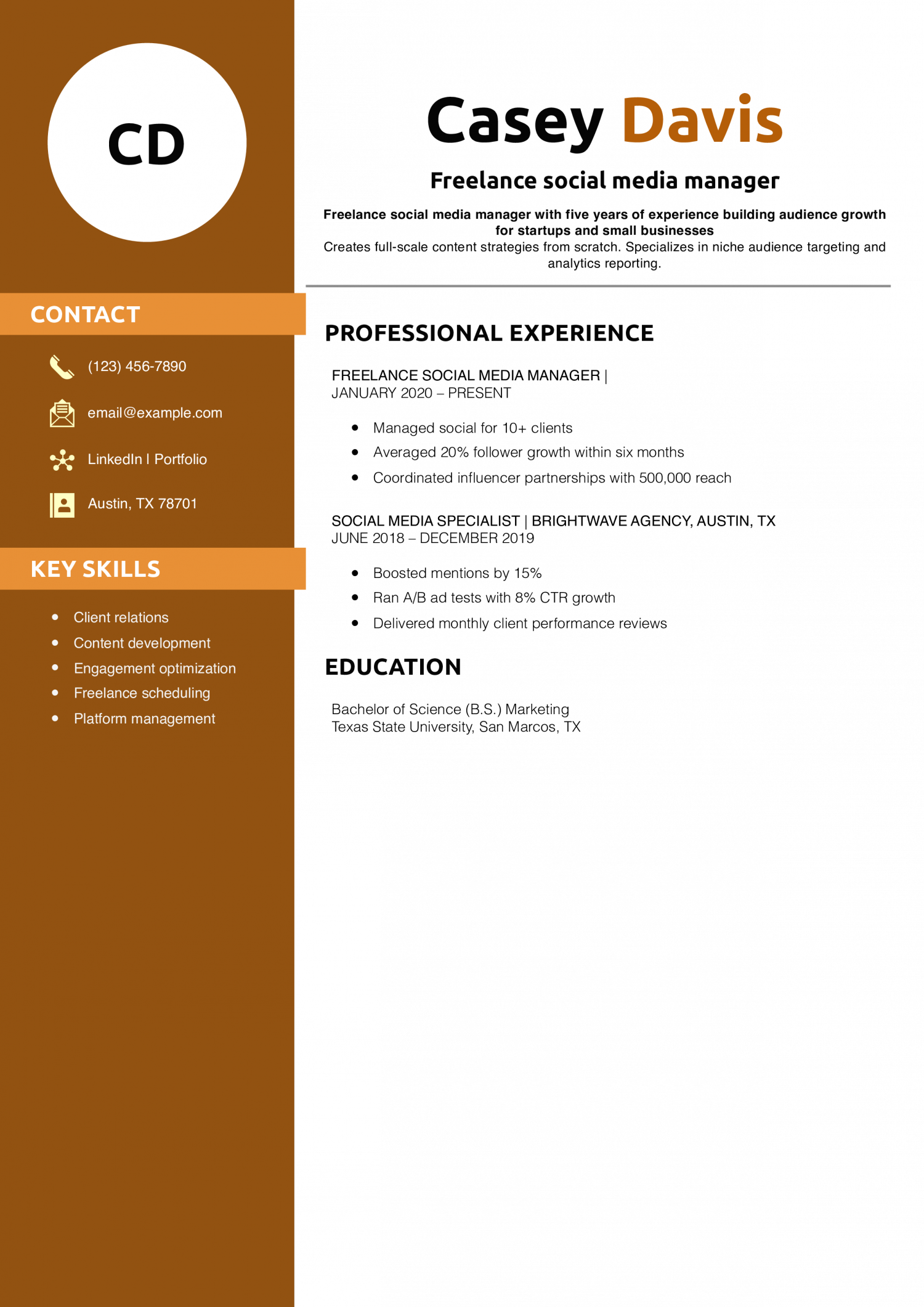 Freelance social media manager resume example