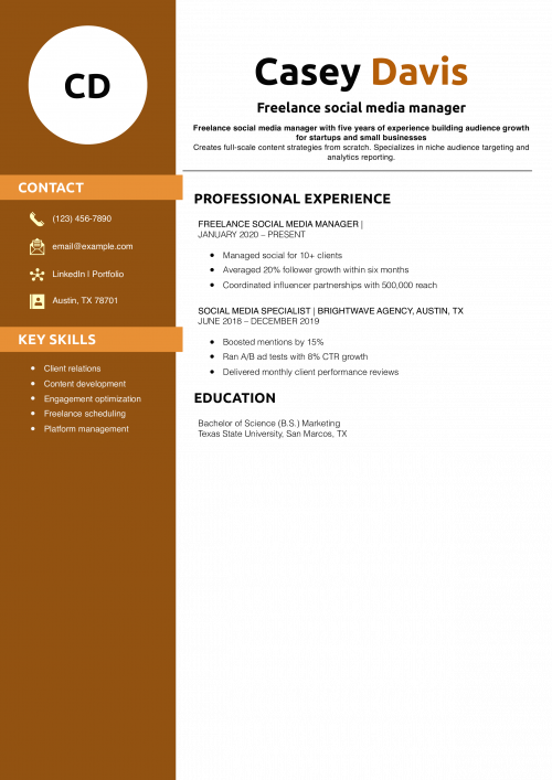 Freelance social media manager resume example