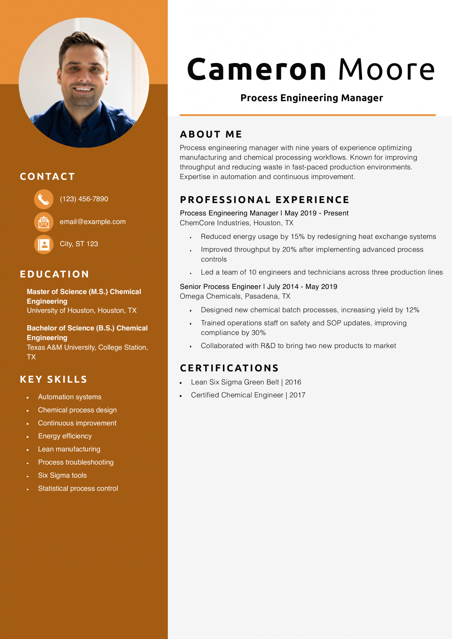Process Engineering Manager Resume Example