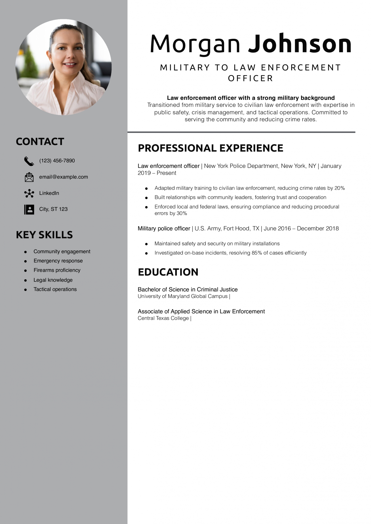 Military to Law Enforcement Officer Resume Example