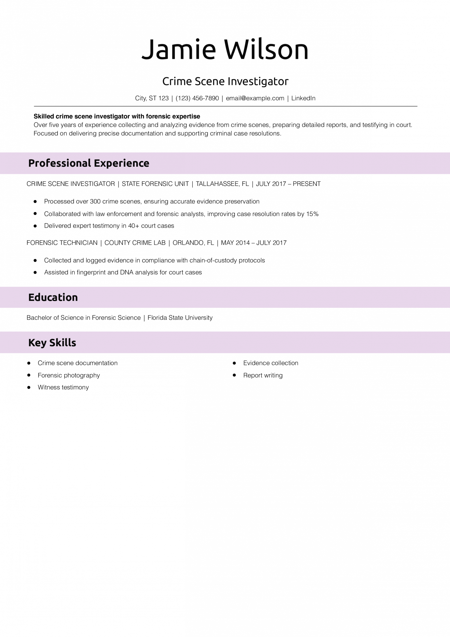 Crime Scene Investigator Resume Example