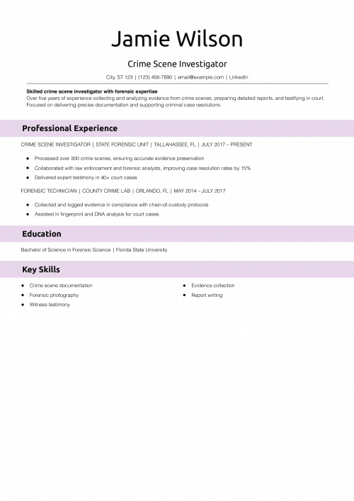 Crime Scene Investigator Resume Example