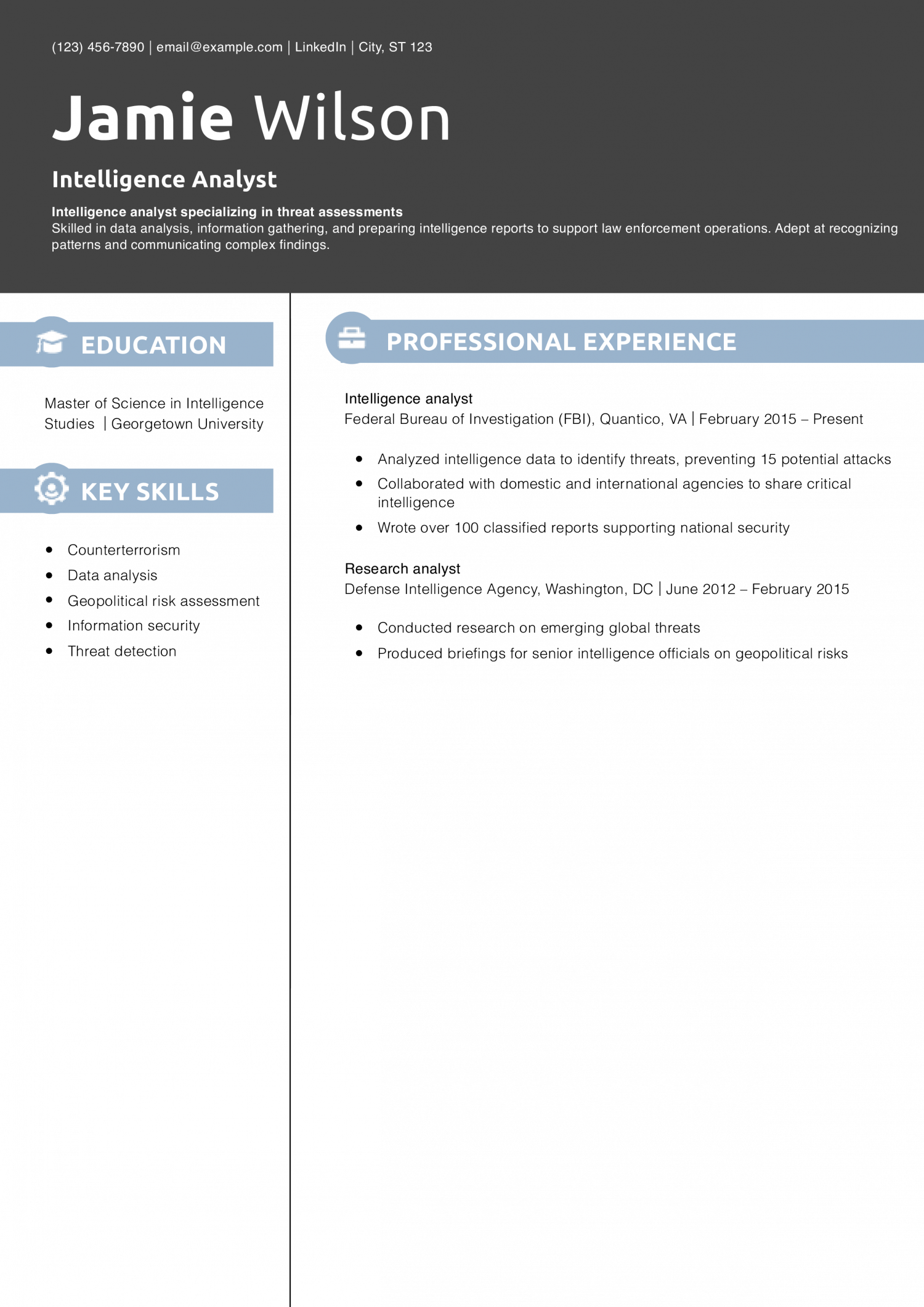 Intelligence Analyst Resume Example