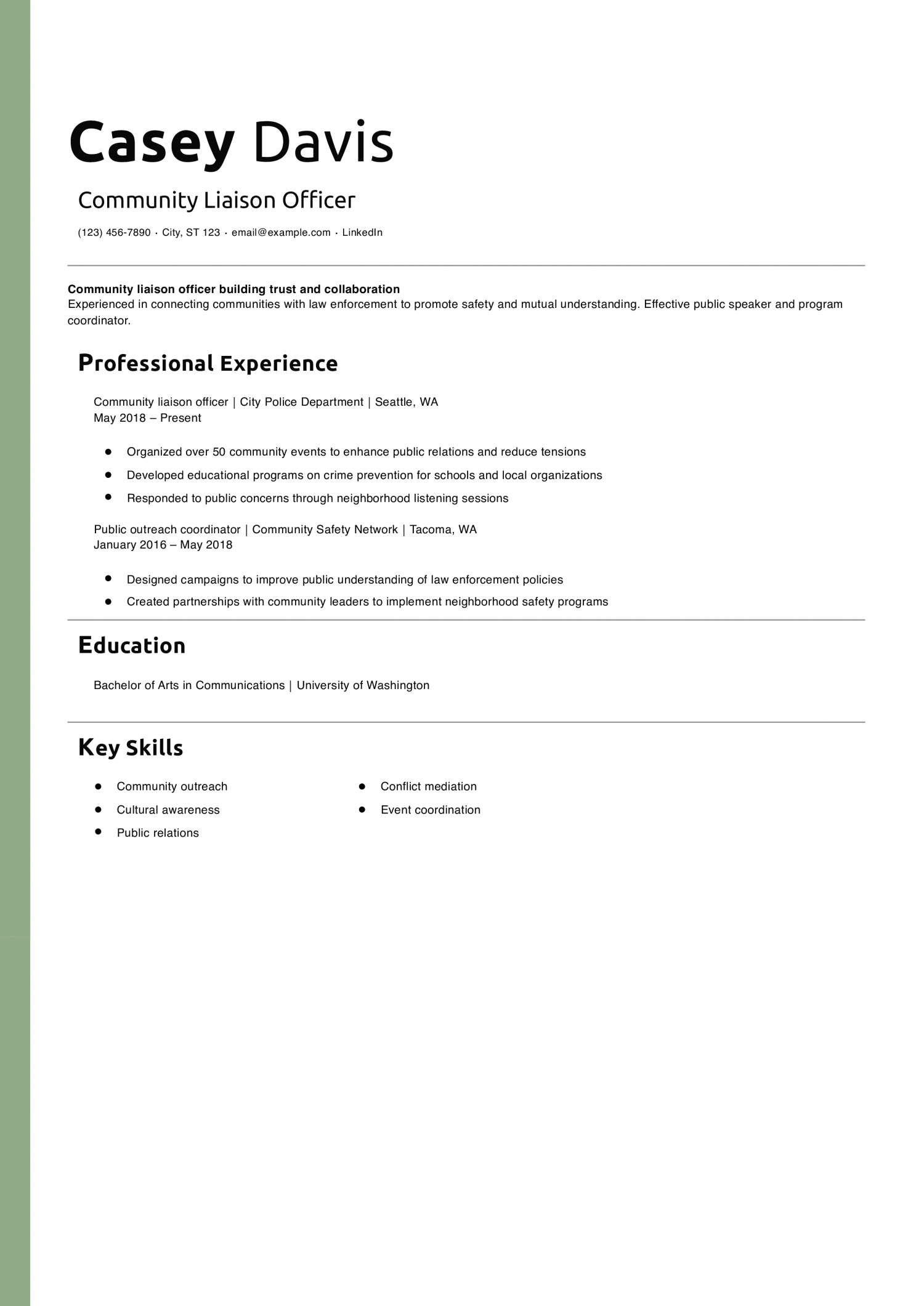 Community Liaison Officer Resume Example
