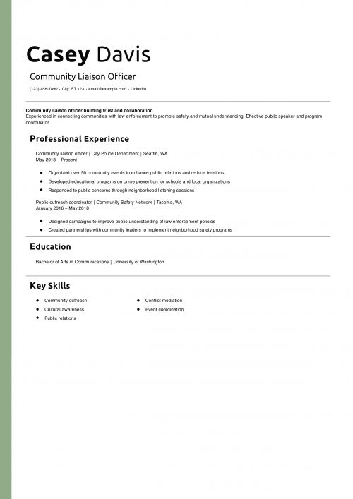 Community Liaison Officer Resume Example