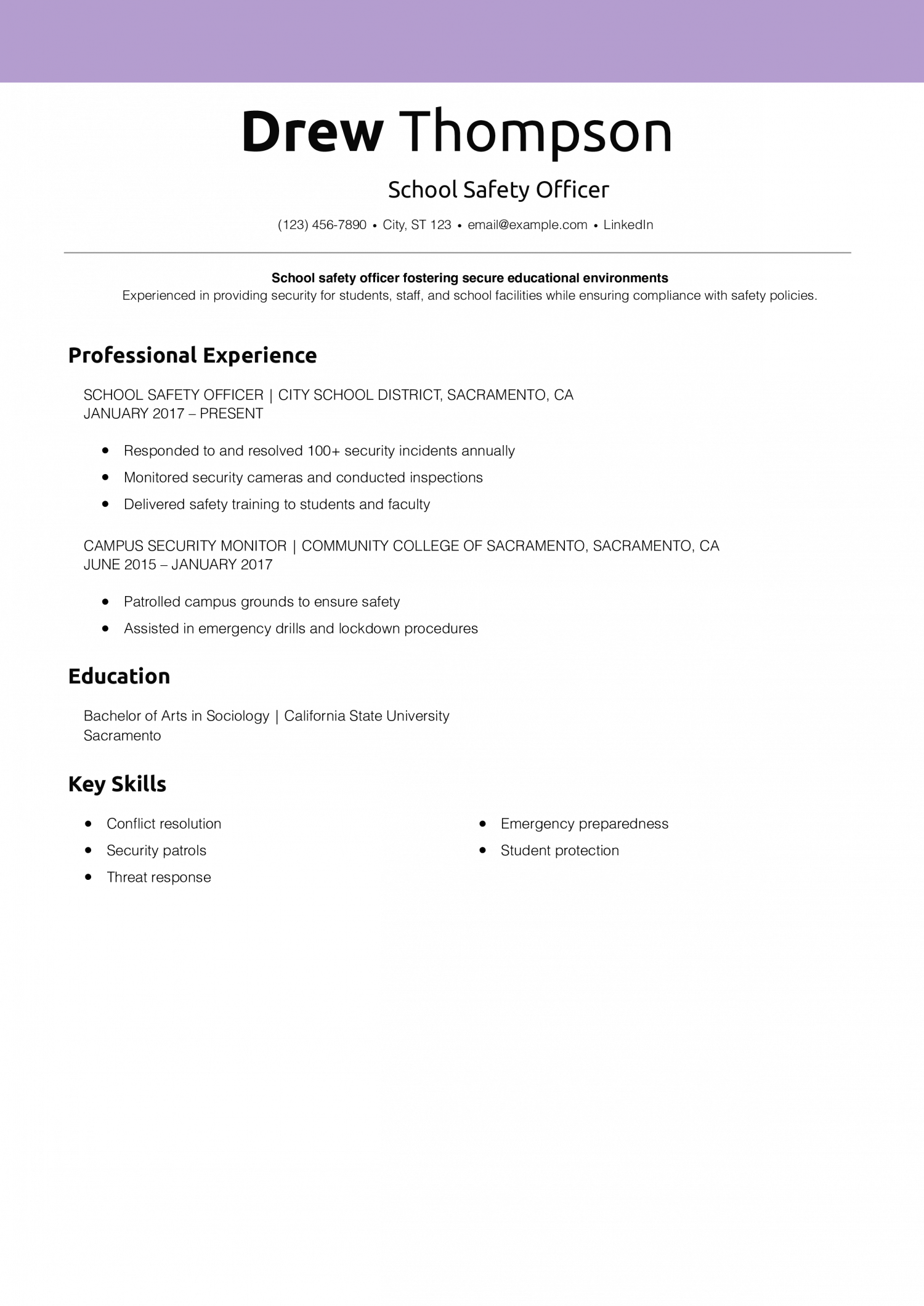 School Safety Officer Resume Example
