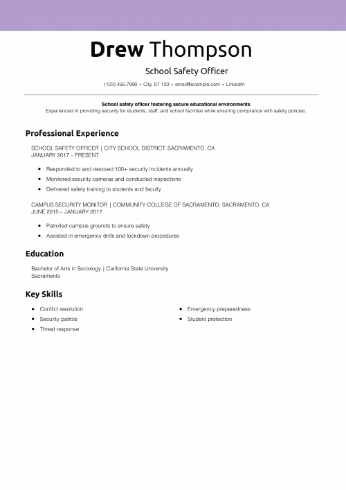 School Safety Officer Resume Example