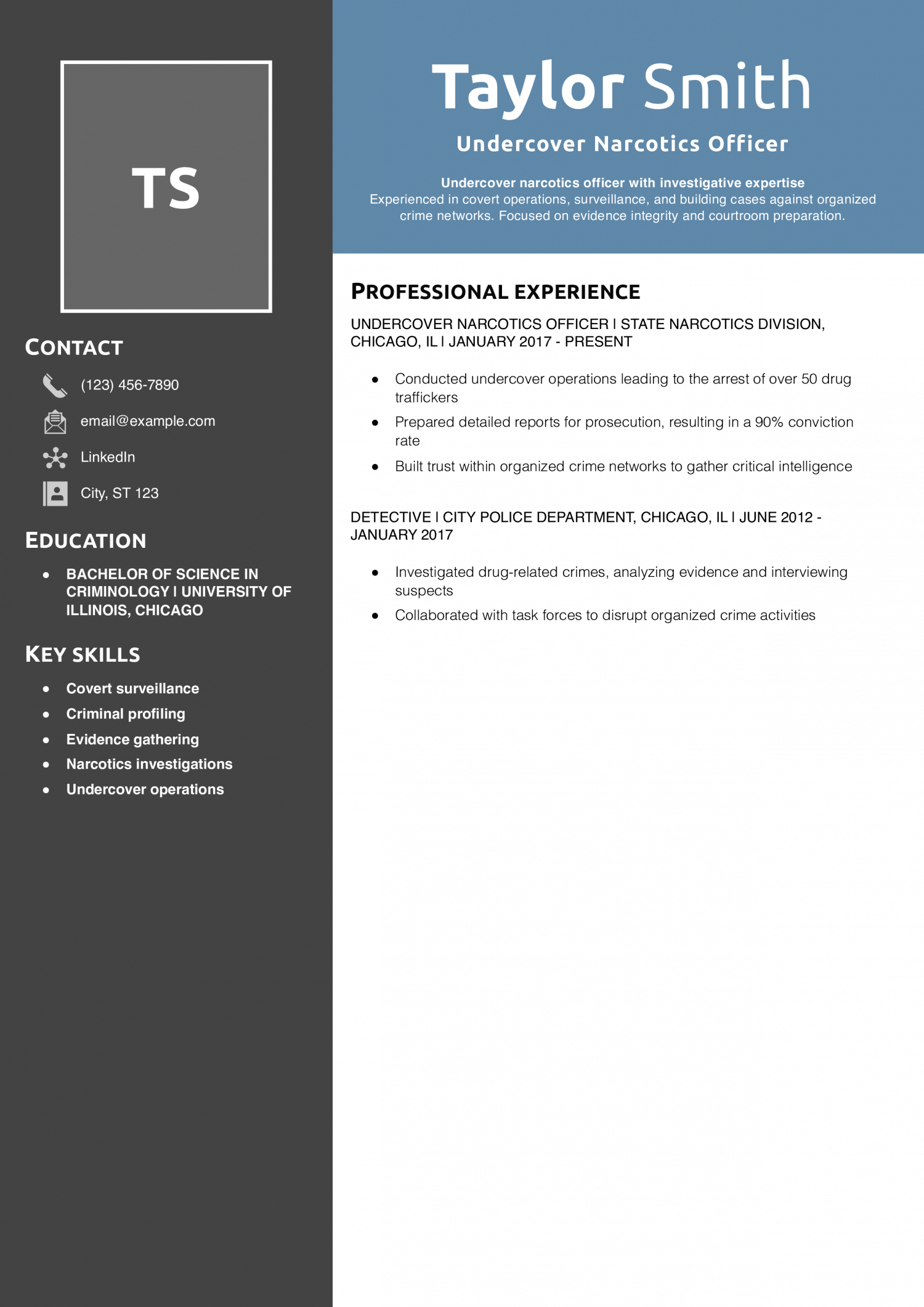 Undercover Narcotics Officer Resume Example