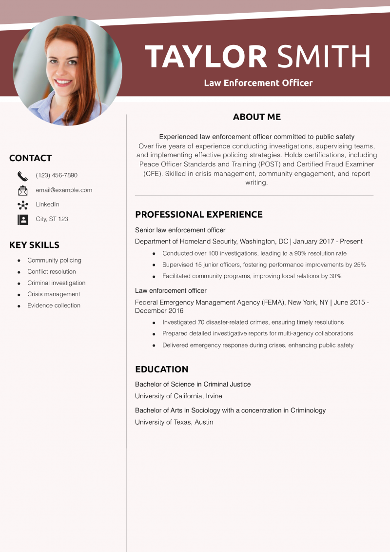 Law Enforcement Officer Resume Example